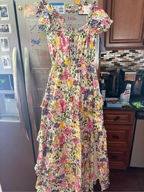 Astr Floral Ruffle Tiered Maxi Dress - White with Pink, Yellow & Purple Flowers
